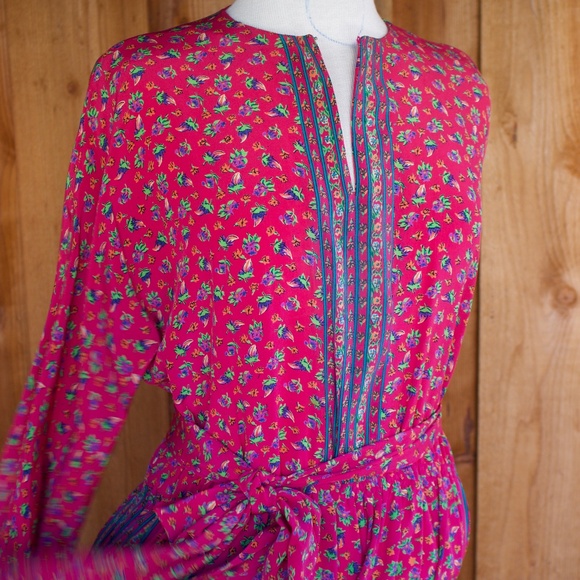 Vintage I. Magnin 100% Silk Fuchsia Long Sleeve Floral Boho Midi Dress Size L - Picture 3 of 17